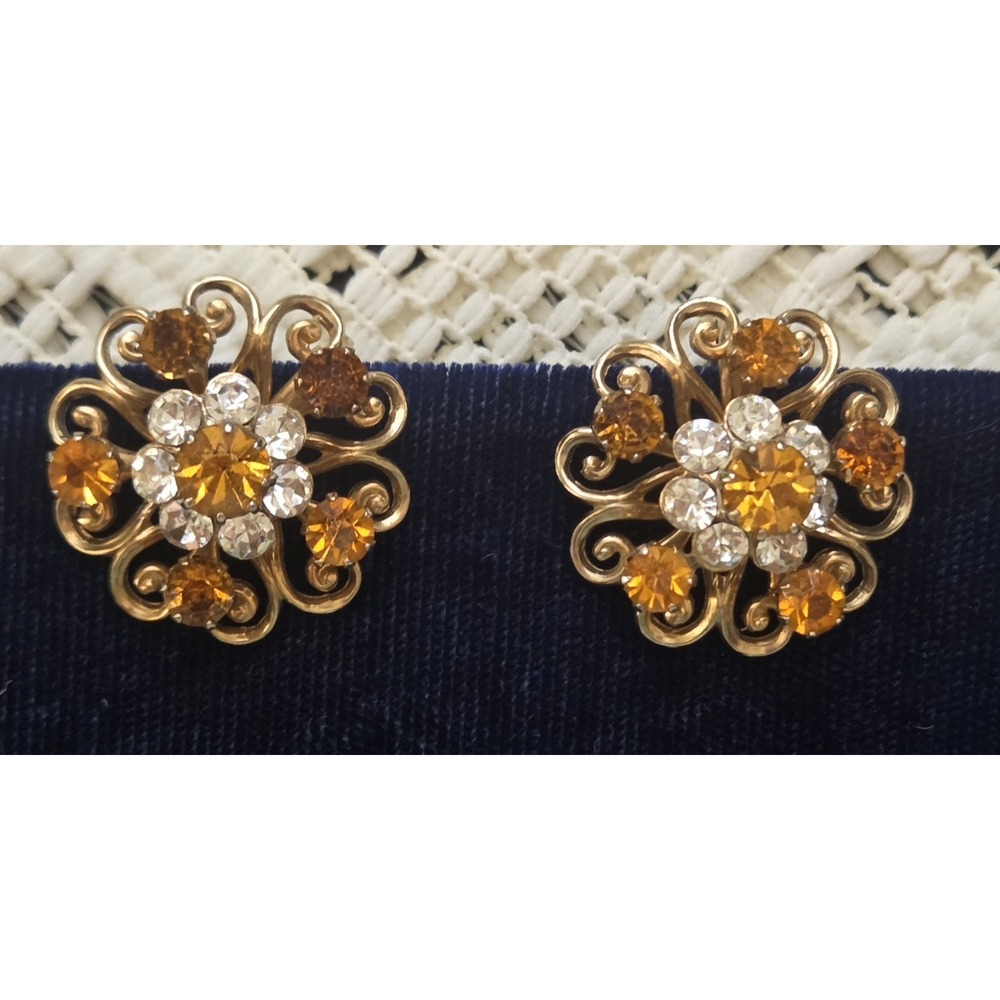 Vintage Signed Coro Earrings Goldtone Topaz Screw Back Floral Cluster